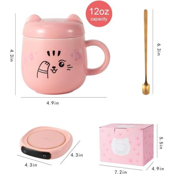 Electric LED Display Smart Coffee Mug Warmer & Cute Cat Mug Set, Beverage Cup - Picture 3 of 7